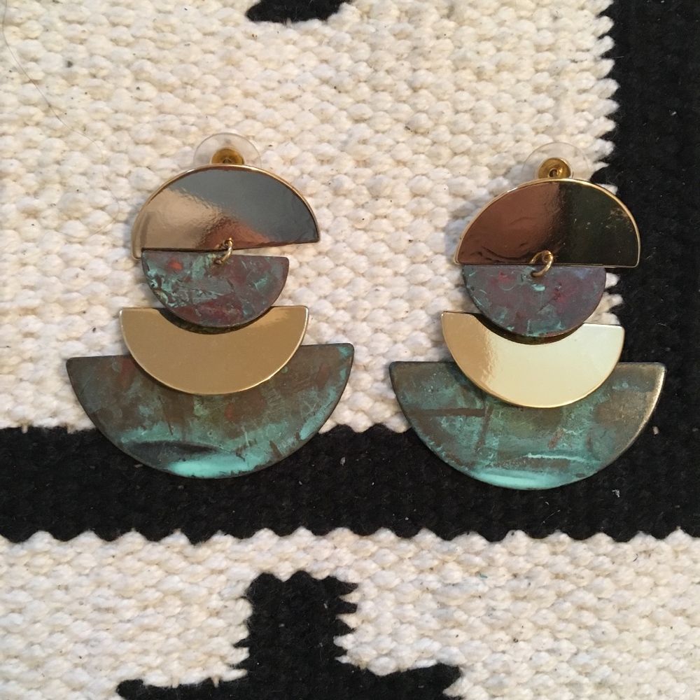 Patina and gold Layered semi circle earrings